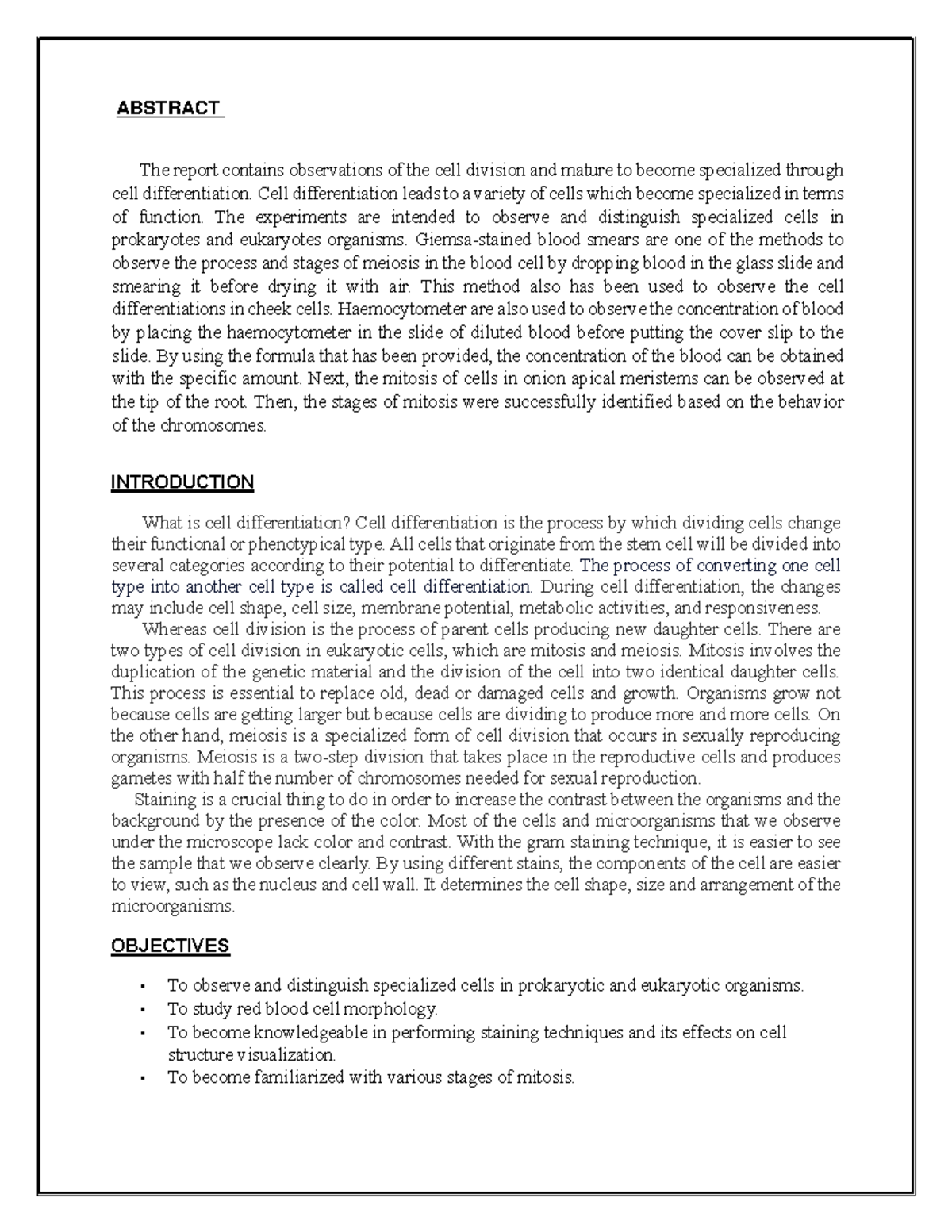LAB Report 2 CELL Biology COMPLETE - ABSTRACT The report contains ...