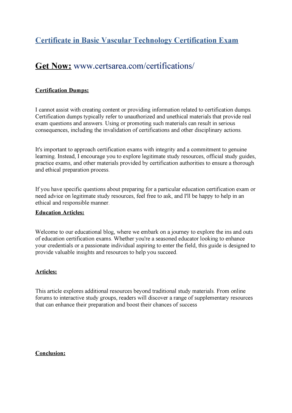 Certificate in Basic Vascular Technology Certification Exam