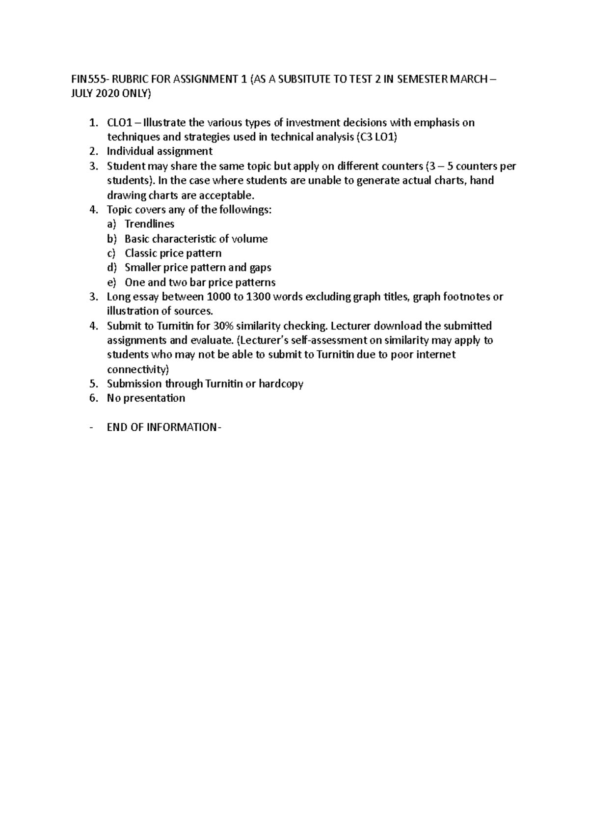 Rubric FOR Assignment 1 - FIN555- RUBRIC FOR ASSIGNMENT 1 (AS A 