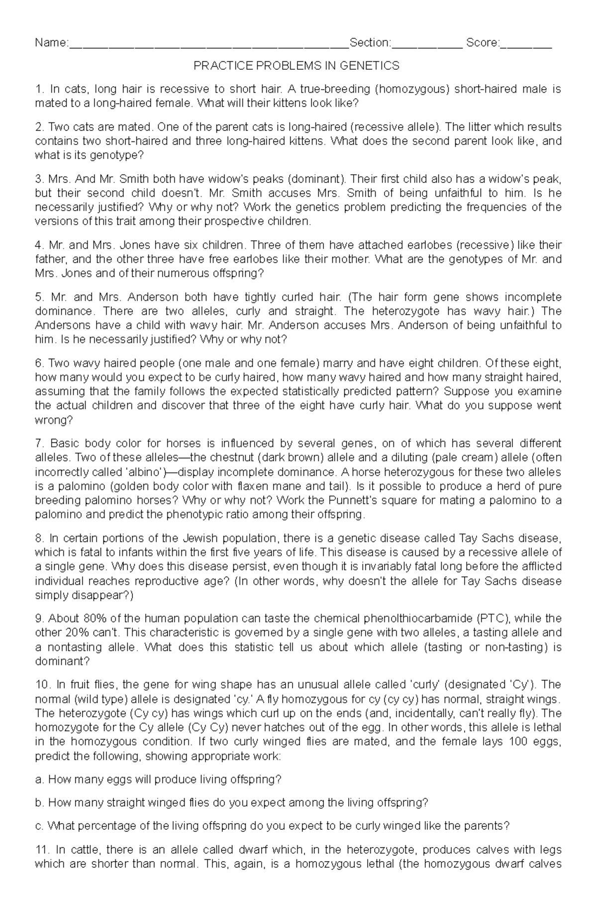 Genetics Problem Solving - Name:________________________Section: Score ...