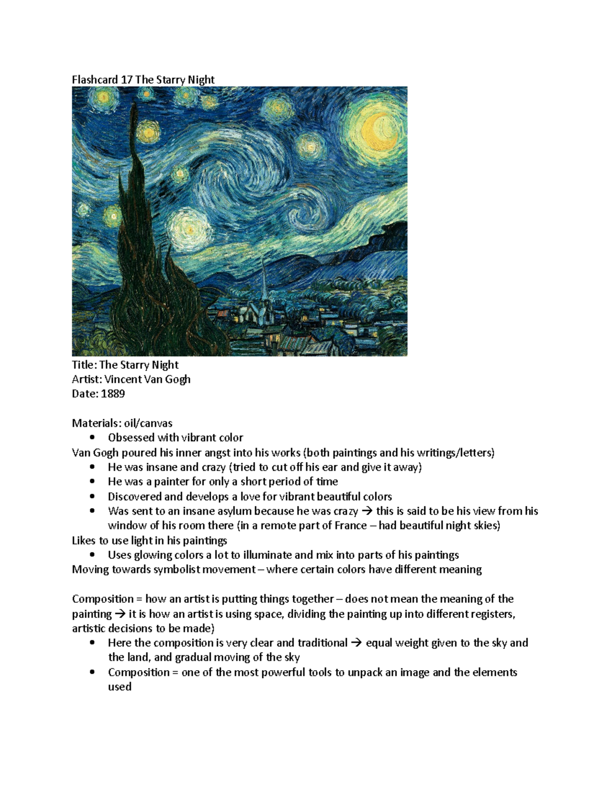 Flashcard 17 The Starry Night - Flashcard 17 The Starry Night Title ...