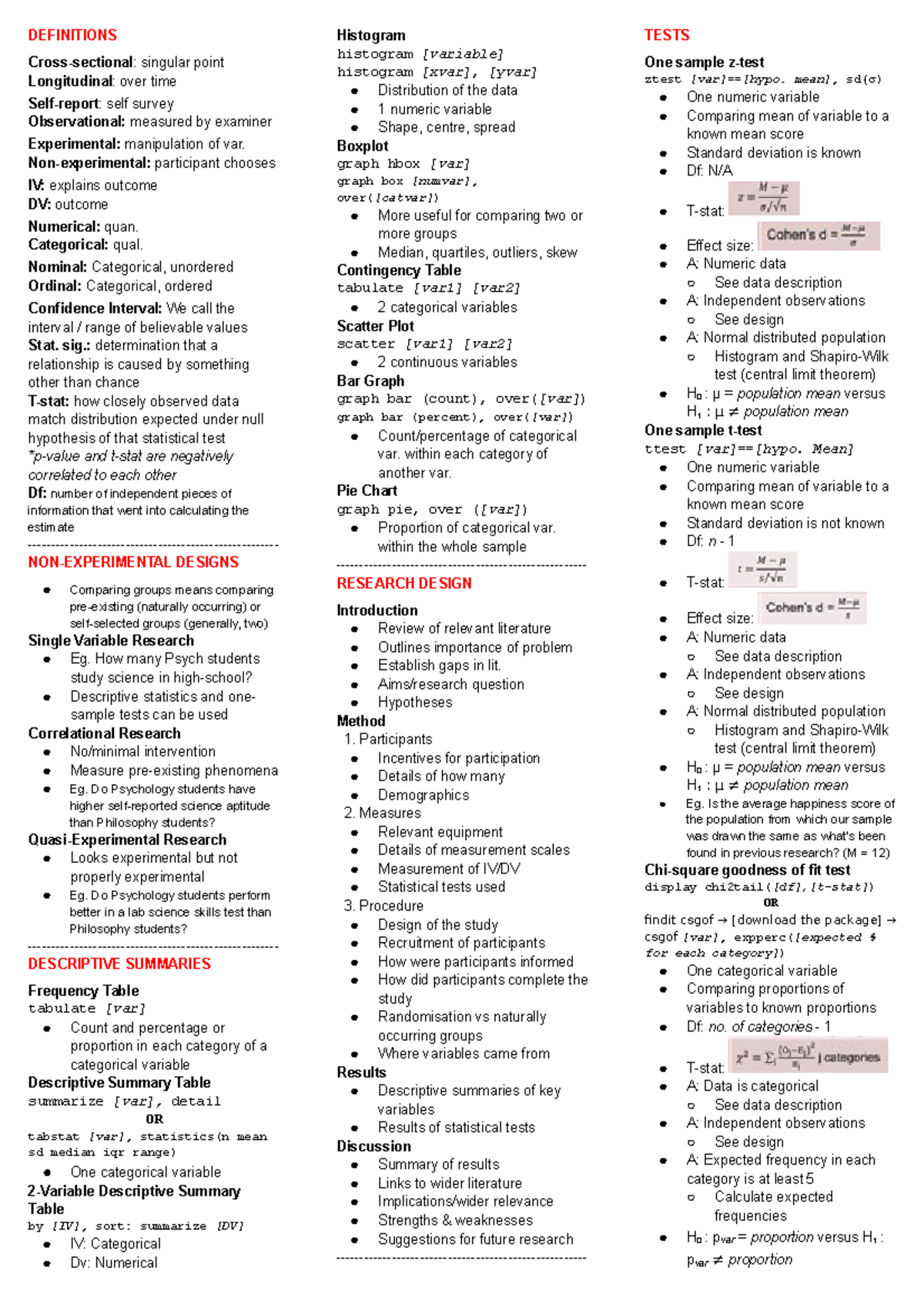 Cheat Sheet Stats - DEFINITIONS Cross-sectional : singular point ...