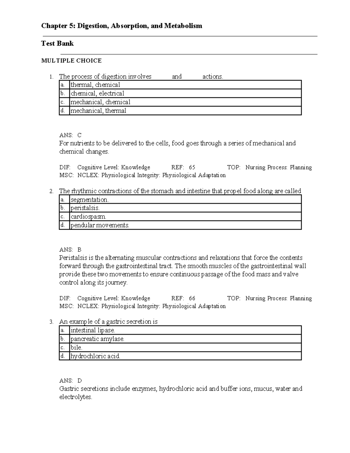Exam Autumn 2020, questions and answers Chapter 5 Digestion