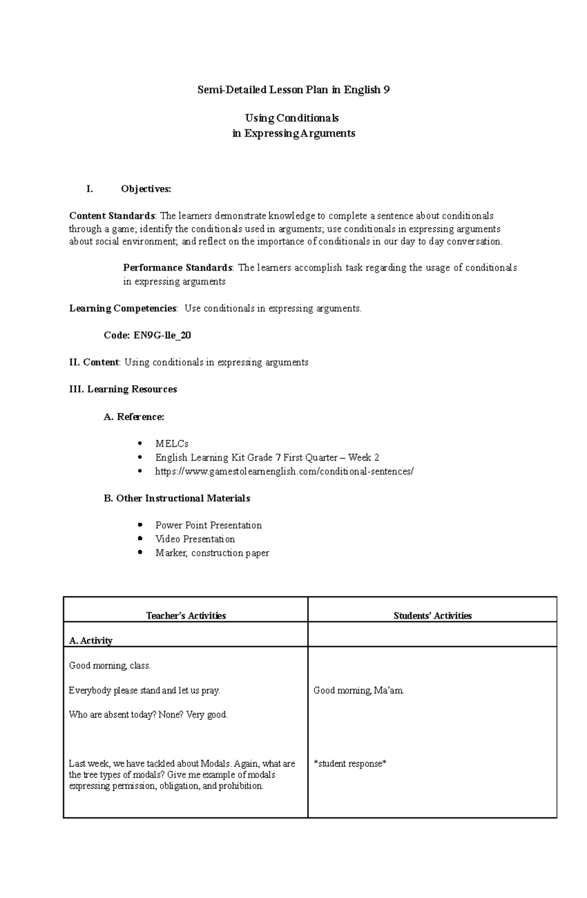 English 9 Q1 Week2 - Conditionals - Semi-Detailed Lesson Plan in ...
