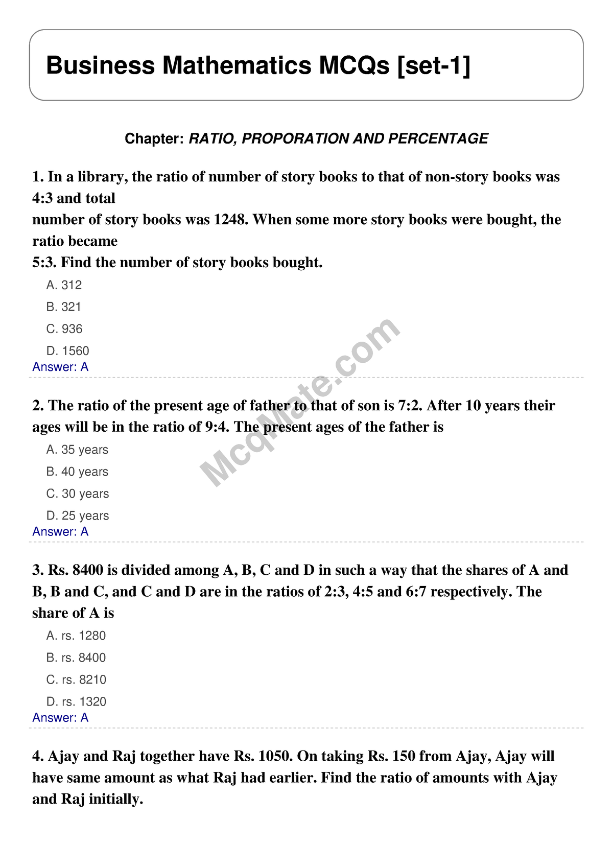 Business Mathematics Solved MCQs [set-1] Mcq Mate.com - McqMate ...