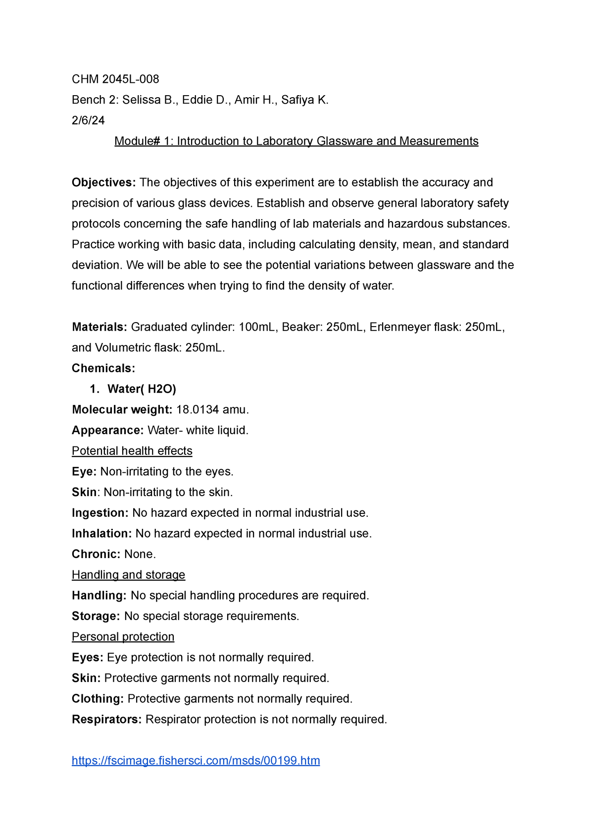 Module #1 Pre-lab Plan - CHM 2045L- Bench 2: Selissa B., Eddie D., Amir ...