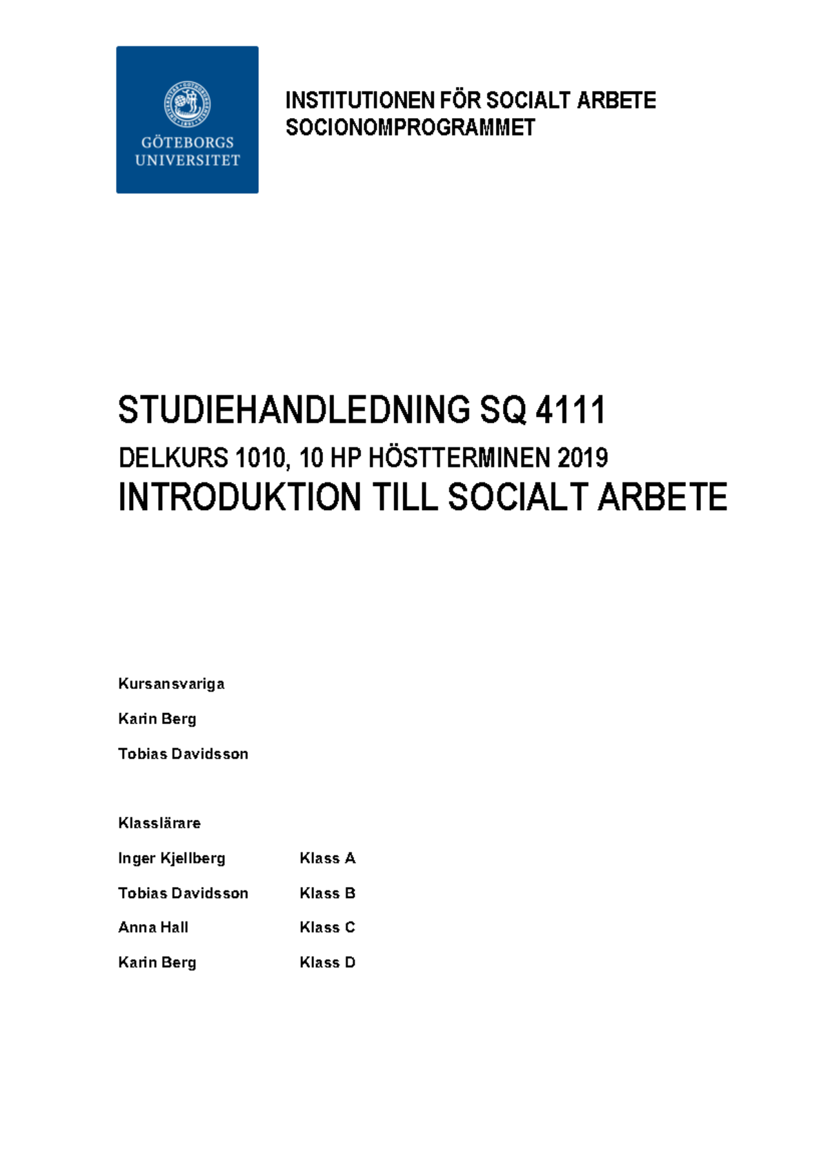 Studiehandledning HT19 SQ4111 - INSTITUTIONEN FÖR SOCIALT ARBETE ...