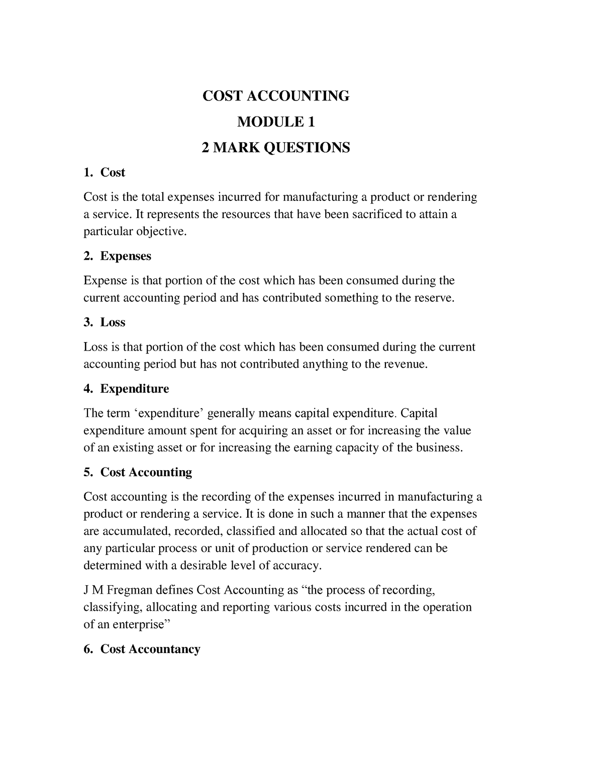 COST Accounting 1Module I - COST ACCOUNTING MODULE 1 2 MARK QUESTIONS 1 ...