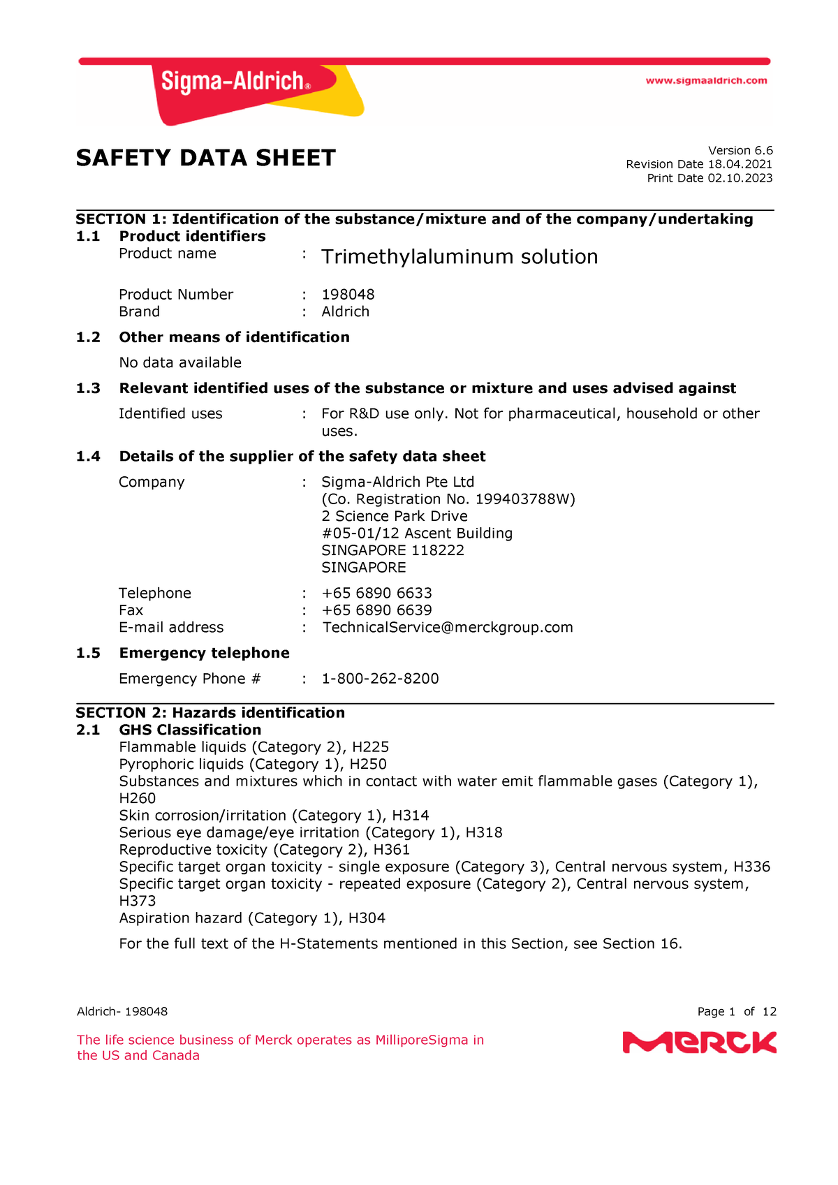 Trimethylaluminum solution SDS - Aldrich- 198048 Page 1 of 12 The life