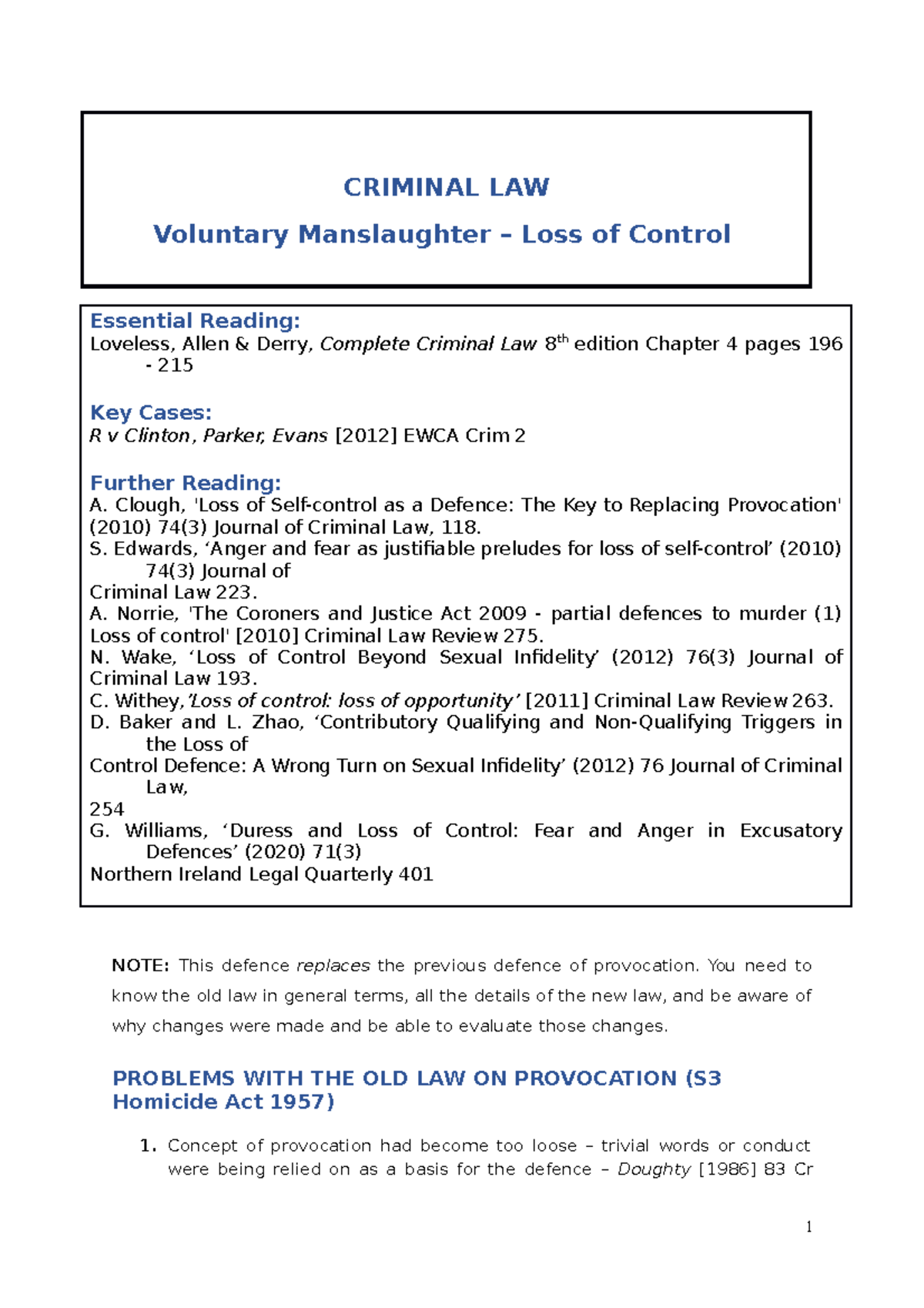 Criminal Law Voluntary Manslaughter Loss of Control - Studocu