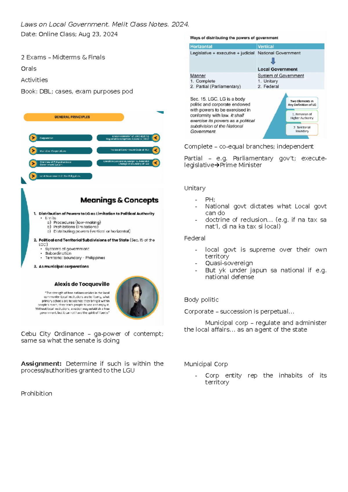 Class Notes (Laws on Local Government) - Date: Online Class; Aug 23 ...
