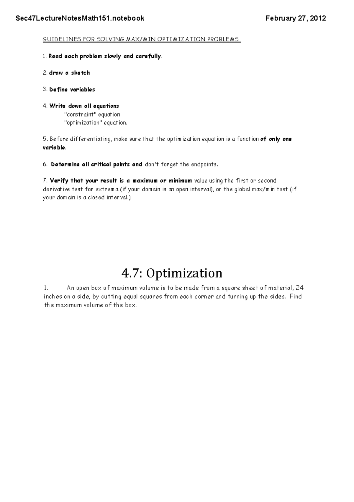 Sec47Lecture Notes Math 151 - GUIDELINES FOR SOLVING MAX/MIN ...