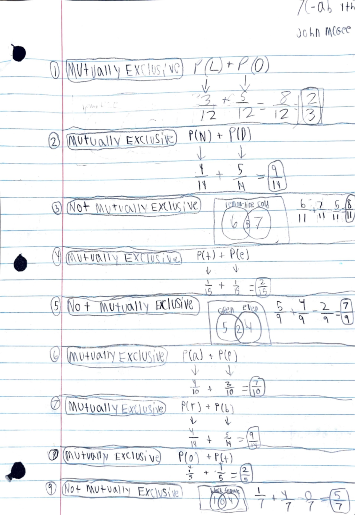 7C-ab Mutually Exclusive Events John Mc Gee - 7( - 0- 6 1th jchn ~(6rf ...