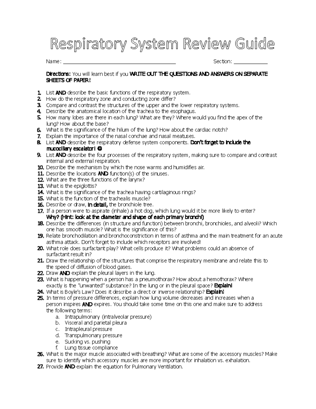 Respiratory System Review Guide - Name ...