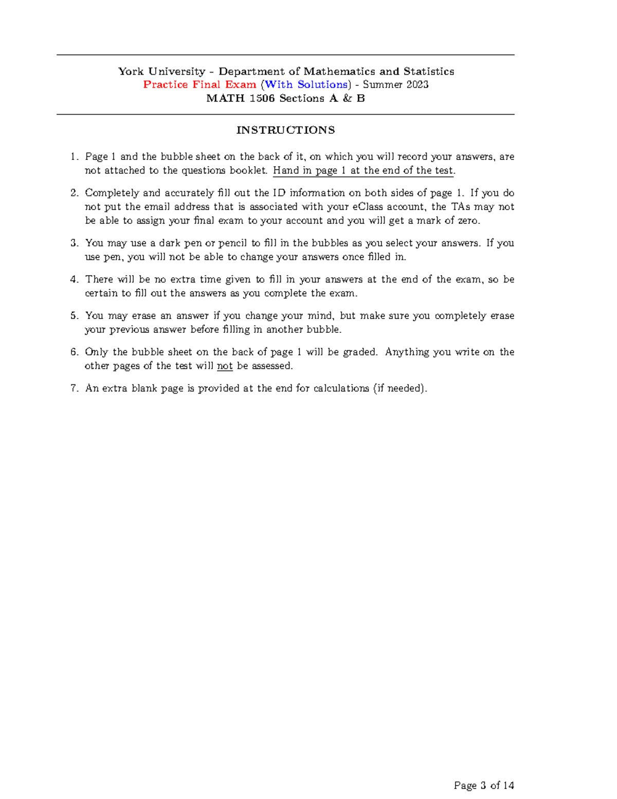 Practice Final Exam With Solutions Sc/Math 1505 Yorku Studocu