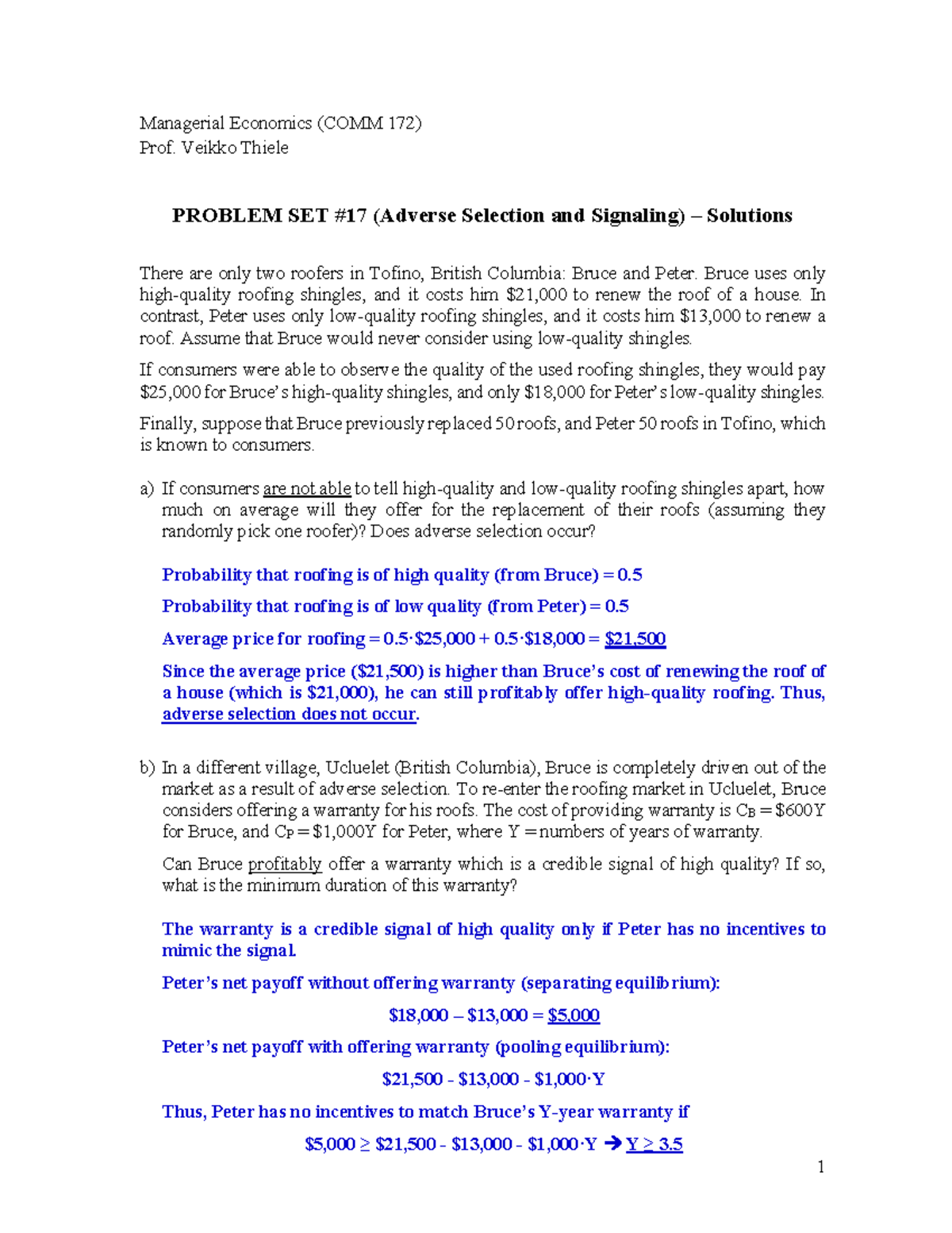 Problem Set #16 (Adverse Selection and Signaling) - Solutions - 1 ...