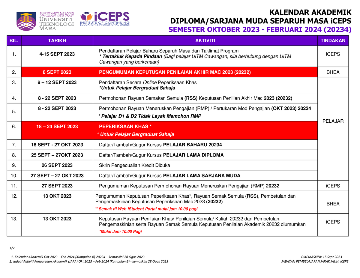 Kalendar Akademik Pjj 15092023 - 1 / 1. Kalendar Akademik Okt 2023 ...