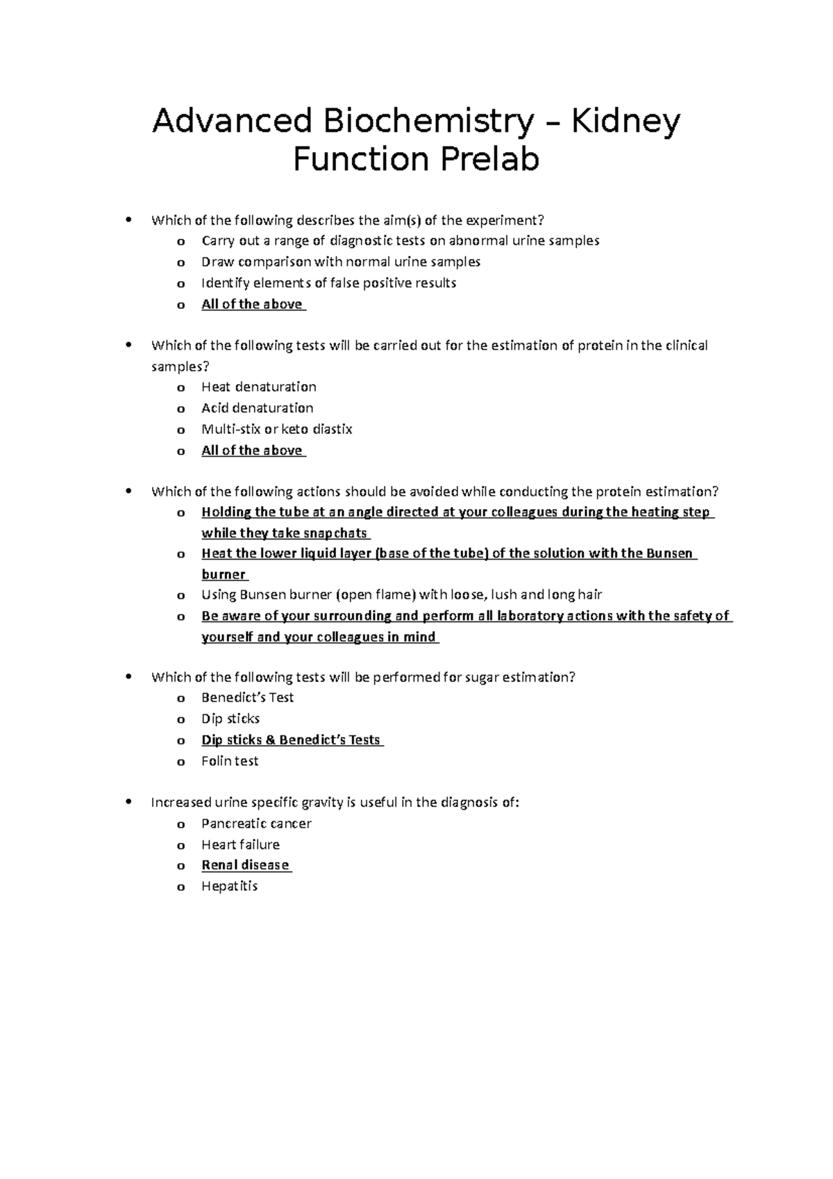 Kidney Function Prelab Quiz Advanced Biochemistry Kidney Function