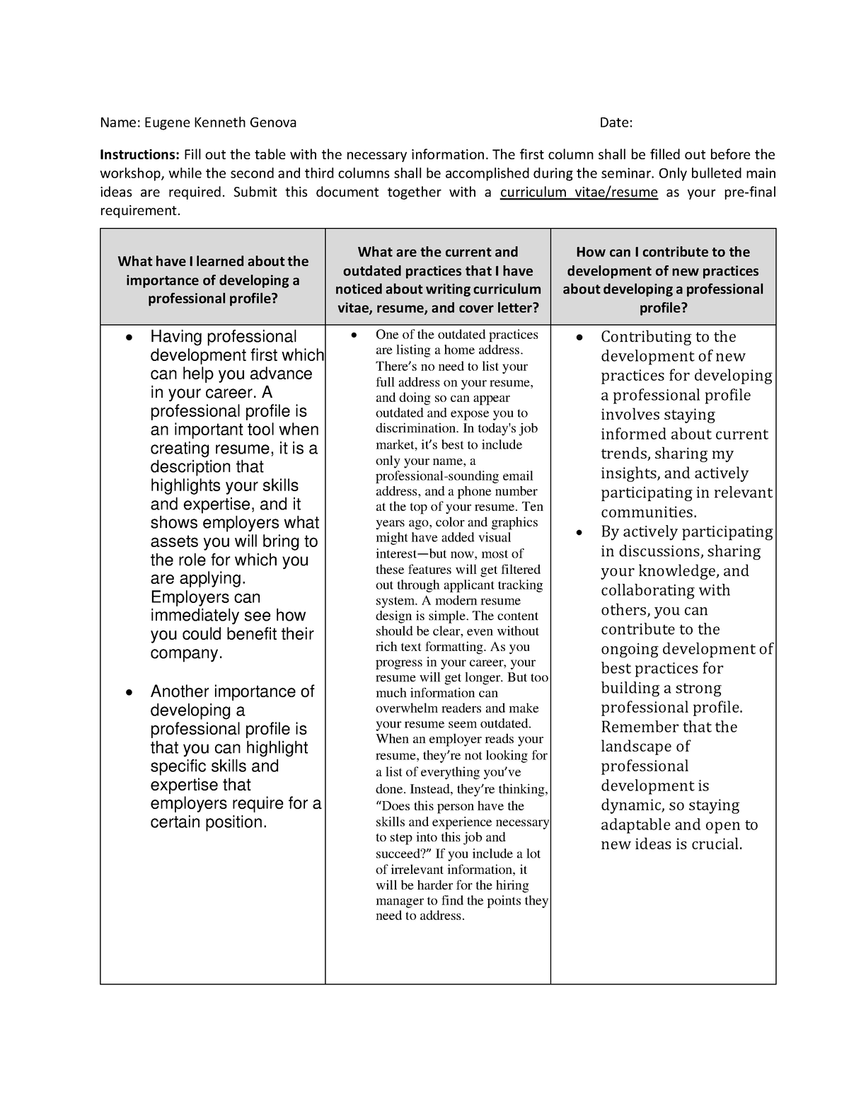 10 Handout 1 prof dev - assignment - Name: Eugene Kenneth Genova Date ...