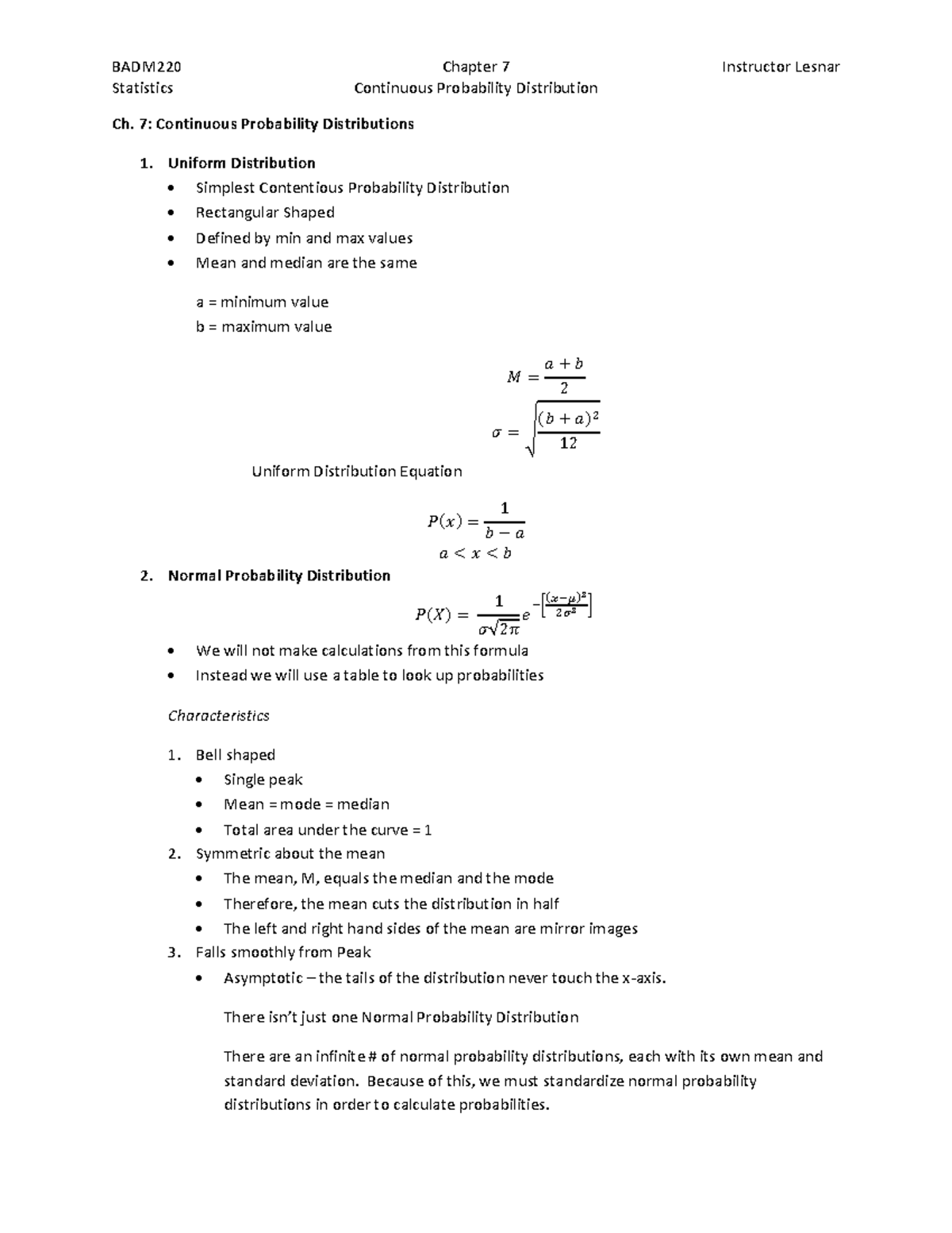 Unit 2 - Lecture 2 (Chapter 7) - BADM220 Chapter 7 Instructor Lesnar ...