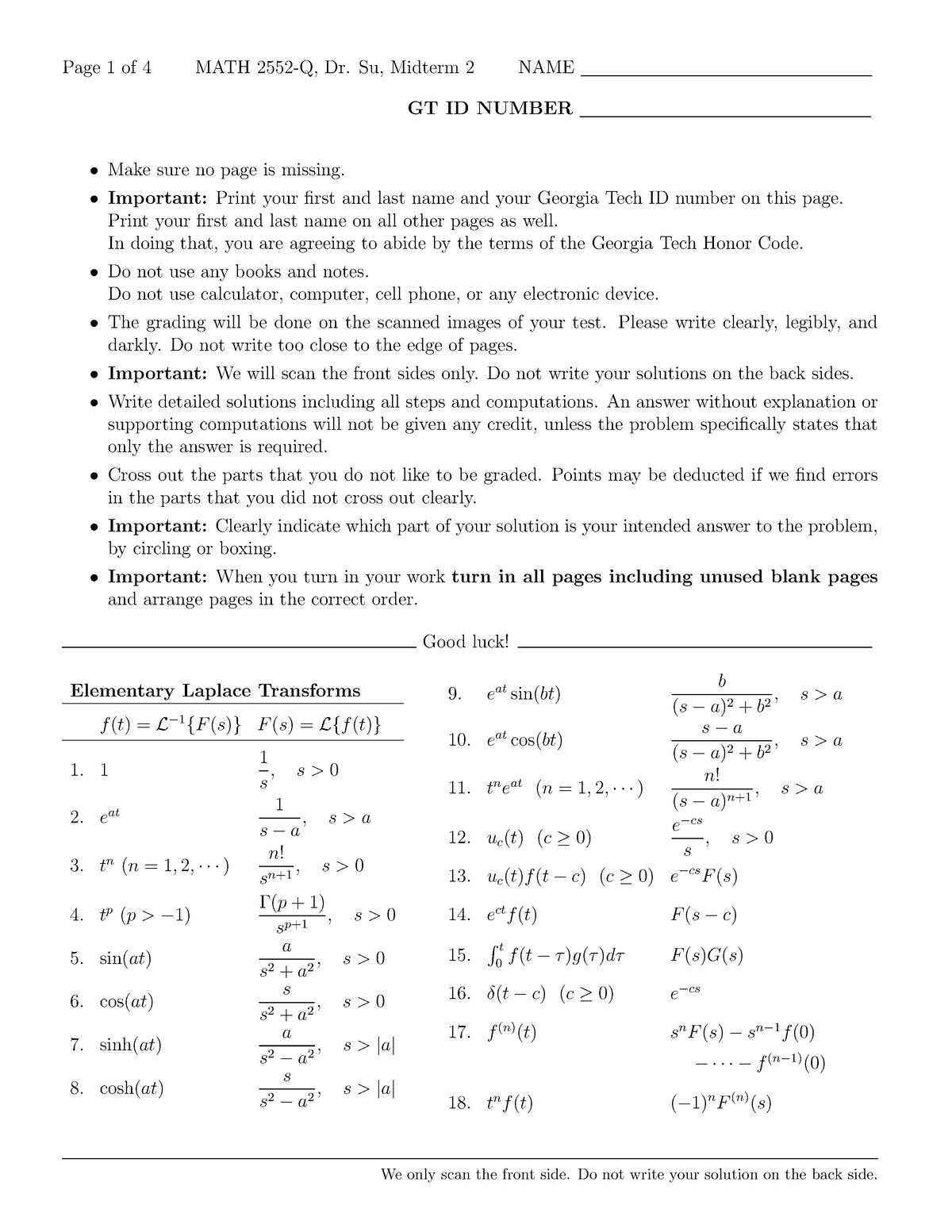 Math 2552 Midterm 2 - Page 1 Of 4 MATH 2552-Q, Dr. Su, Midterm 2 NAME ...