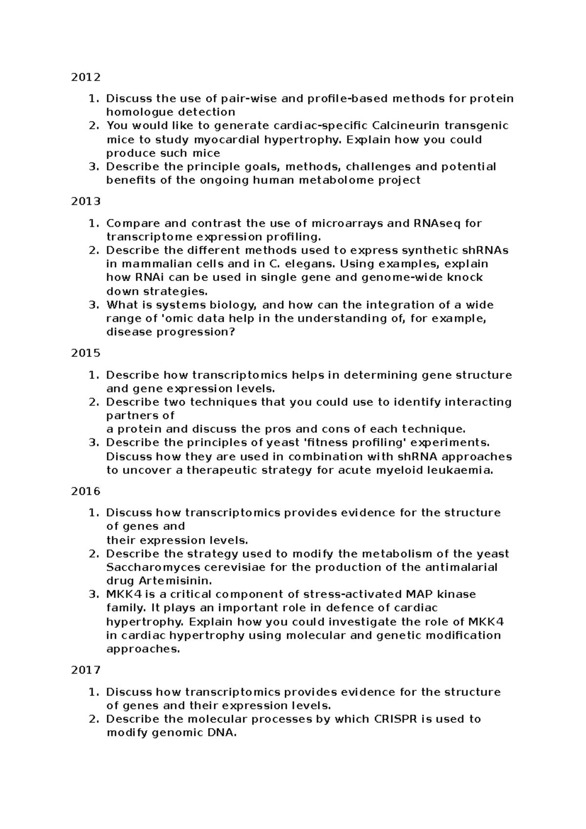 Omics essays questions - 2012 Discuss the use of pair-wise and profile ...
