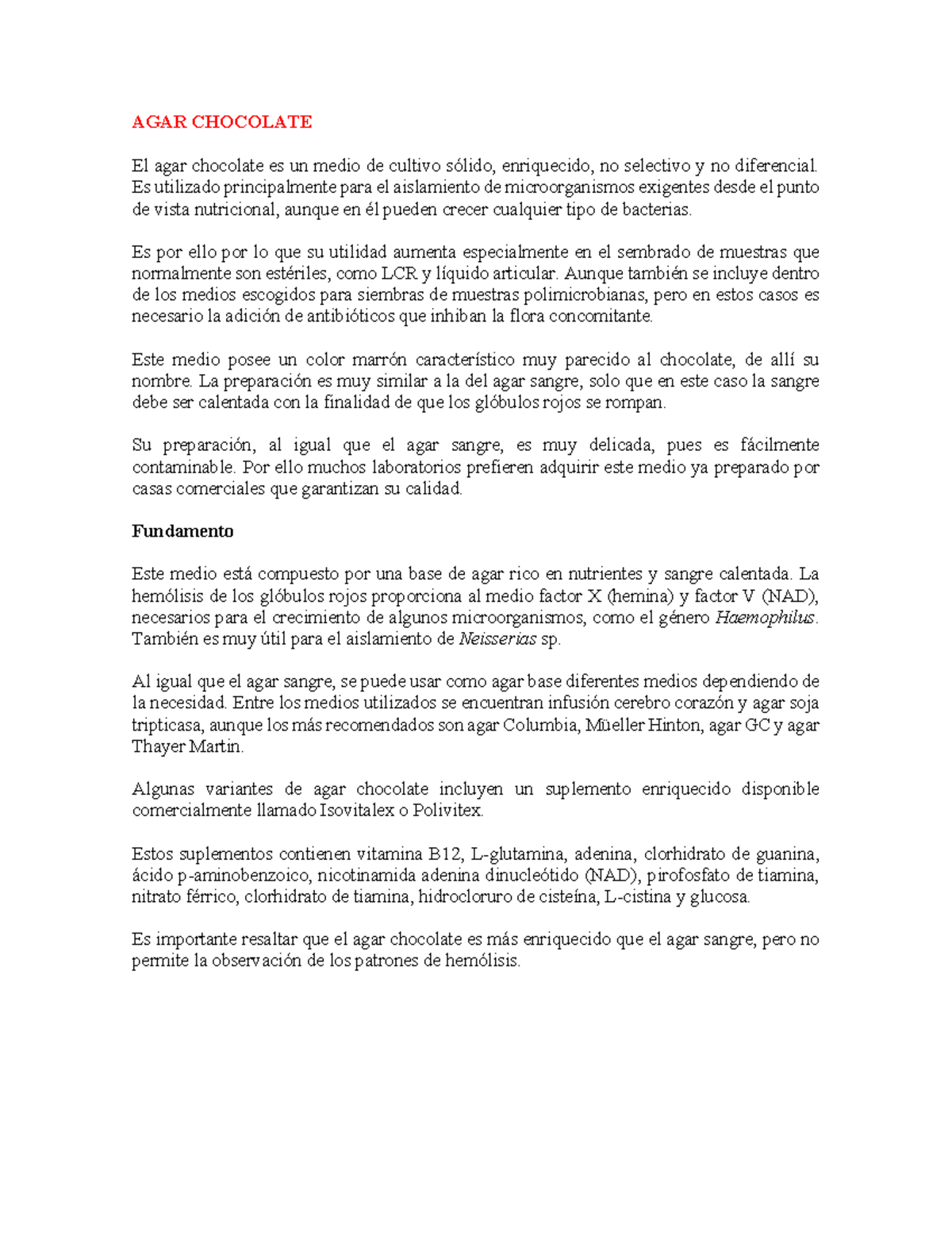 AGAR Chocolate AGAR CHOCOLATE El agar chocolate es un medio de