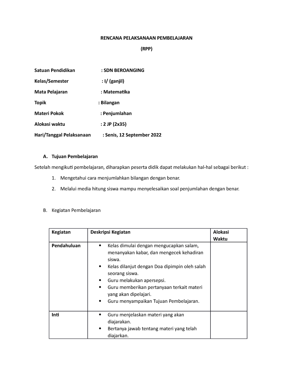 Rpp Kelas 1 - Bahan Ajar - RENCANA PELAKSANAAN PEMBELAJARAN (RPP ...