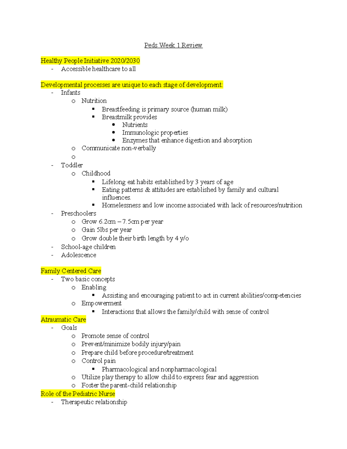 Peds Exam 1 Study Guide - Assignment - Peds Week 1 Review Healthy ...