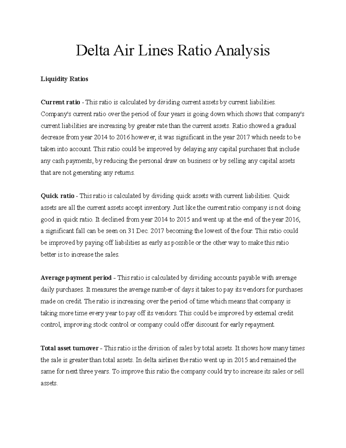 Acct assignment - imp - Delta Air Lines Ratio Analysis Liquidity Ratios ...