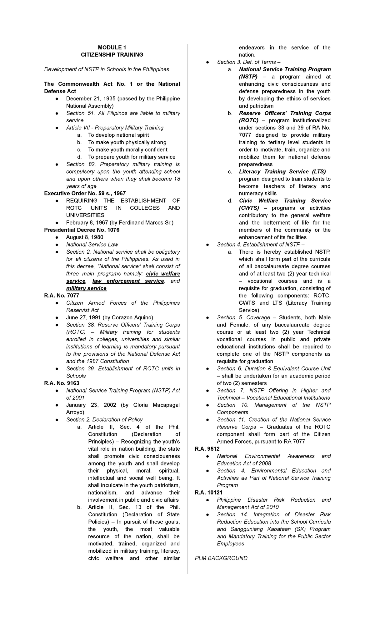 NSTP Reviewer - CWTS - MODULE 1 CITIZENSHIP TRAINING Development of ...