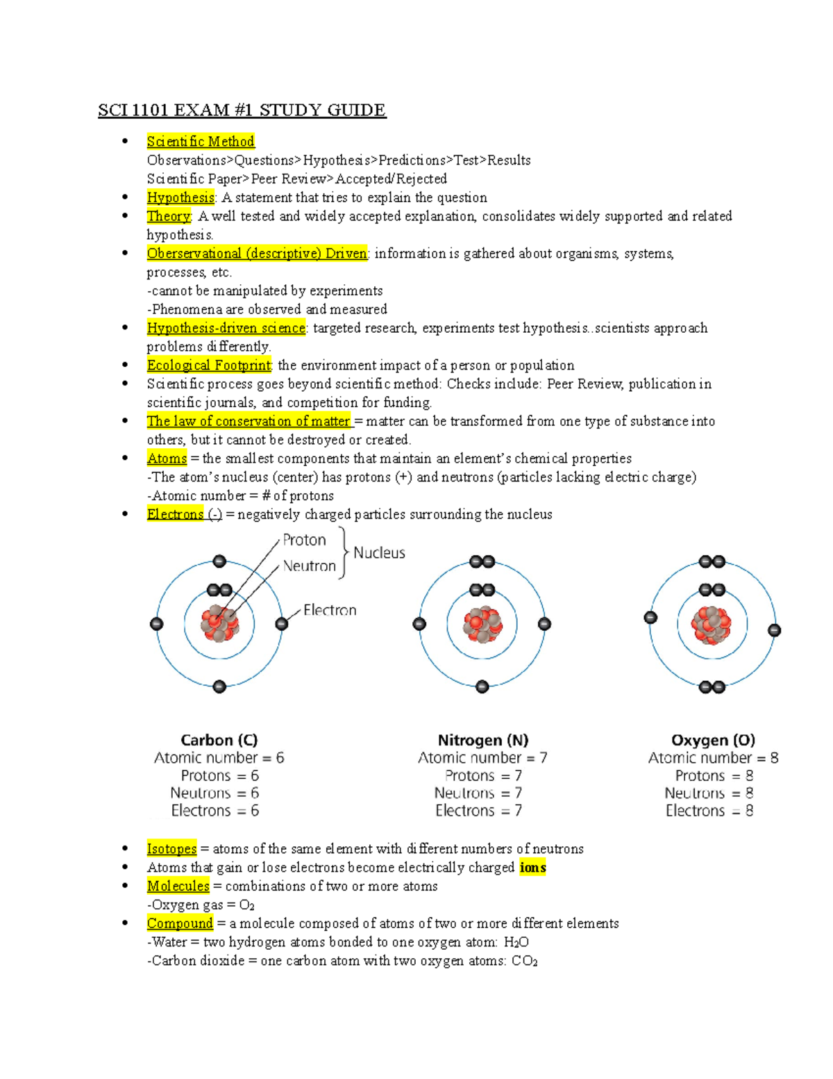 Sci 1101 Exam 1 This Is All The Information The Student Needs To Know