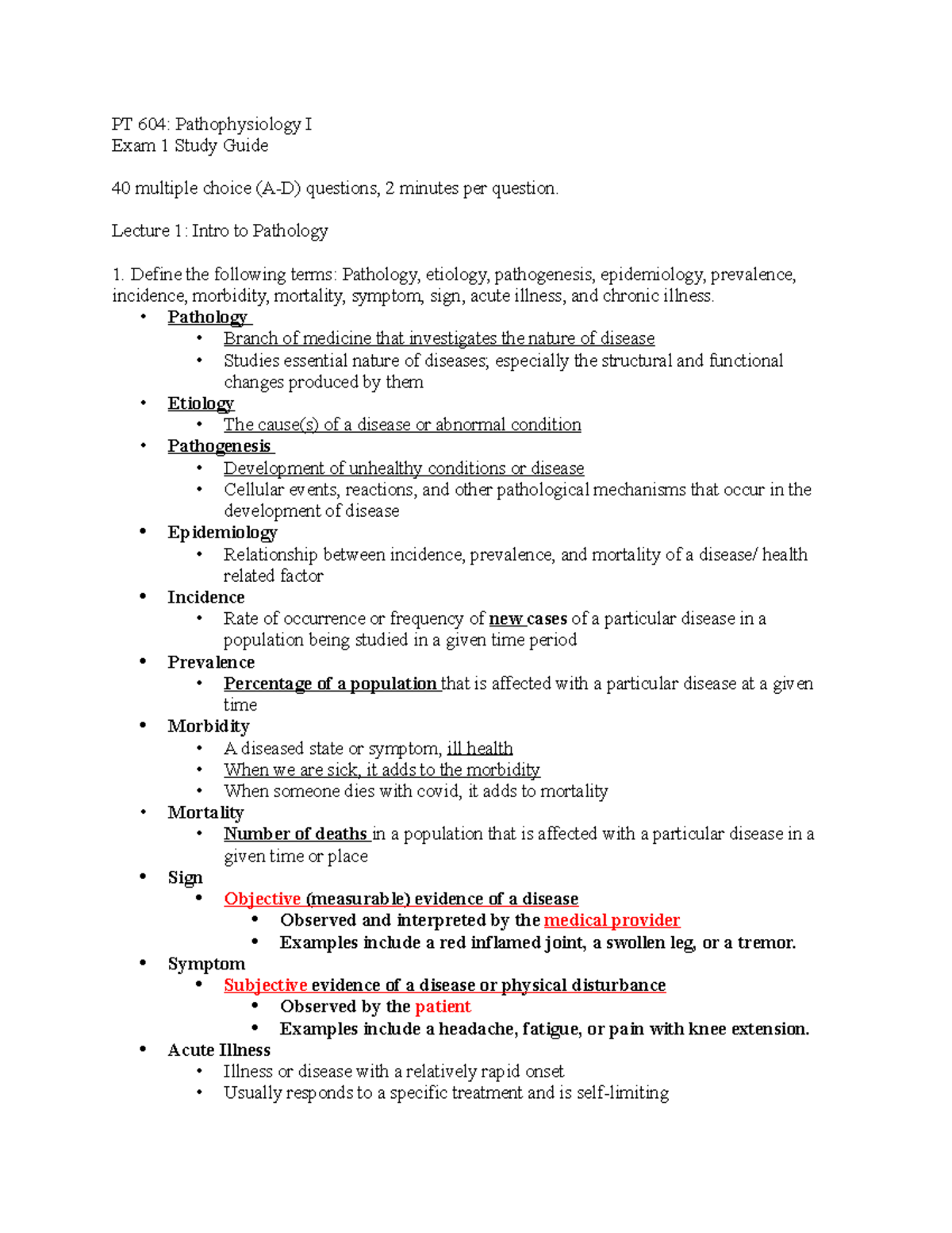 Pathophysiology Exam 1 Study Guide - PT 604: Pathophysiology I Exam 1 ...