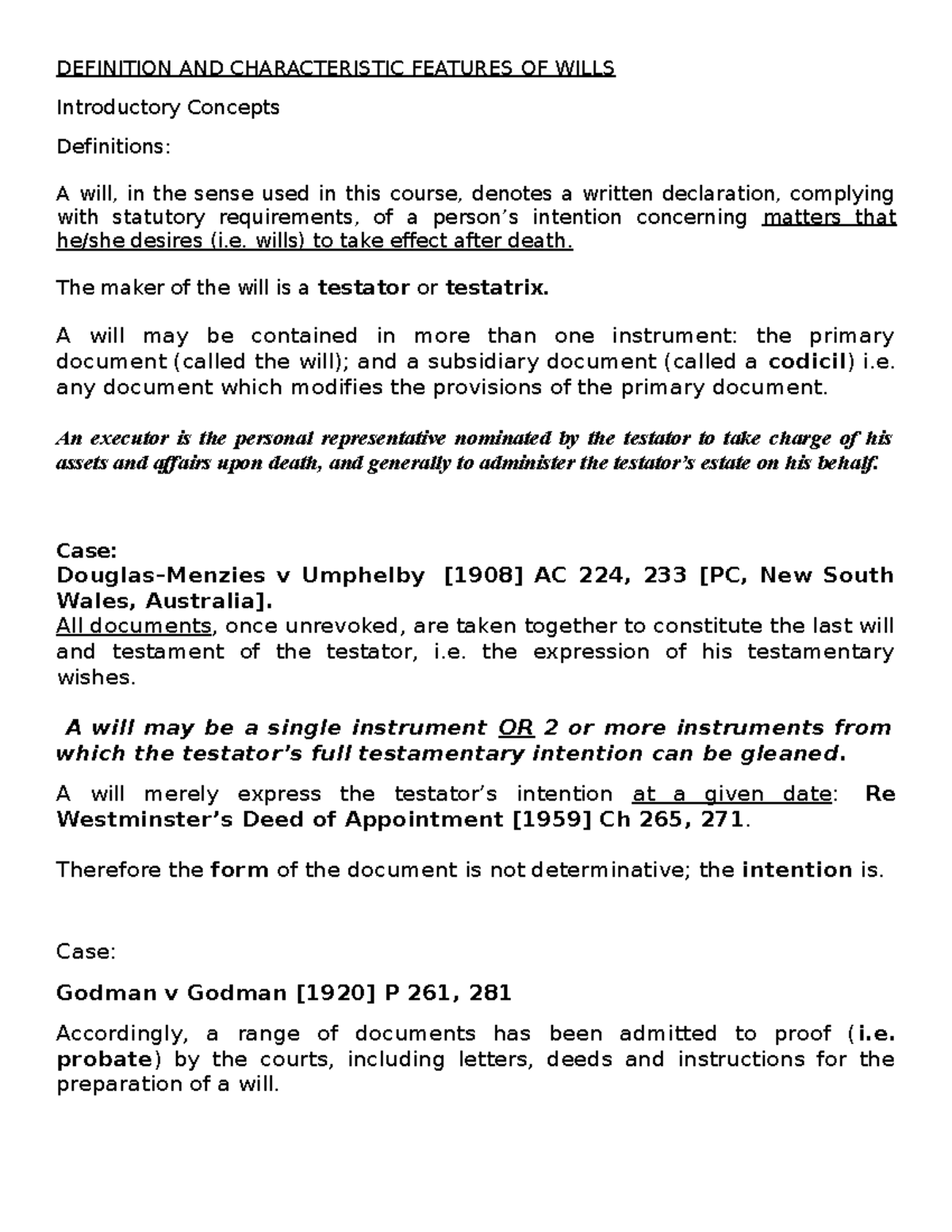 Introduction Wills Definitions and Cases DEFINITION AND