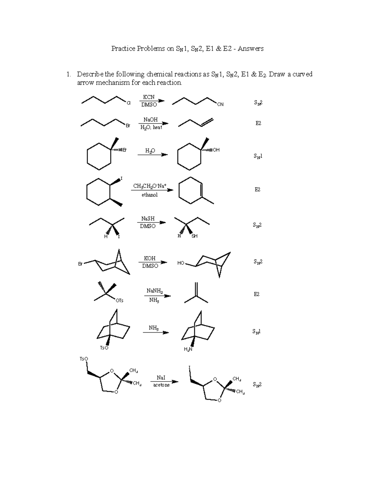 Organic Chemistry Practice Problems On SN1, SN2, E1 & E2 Answers ...