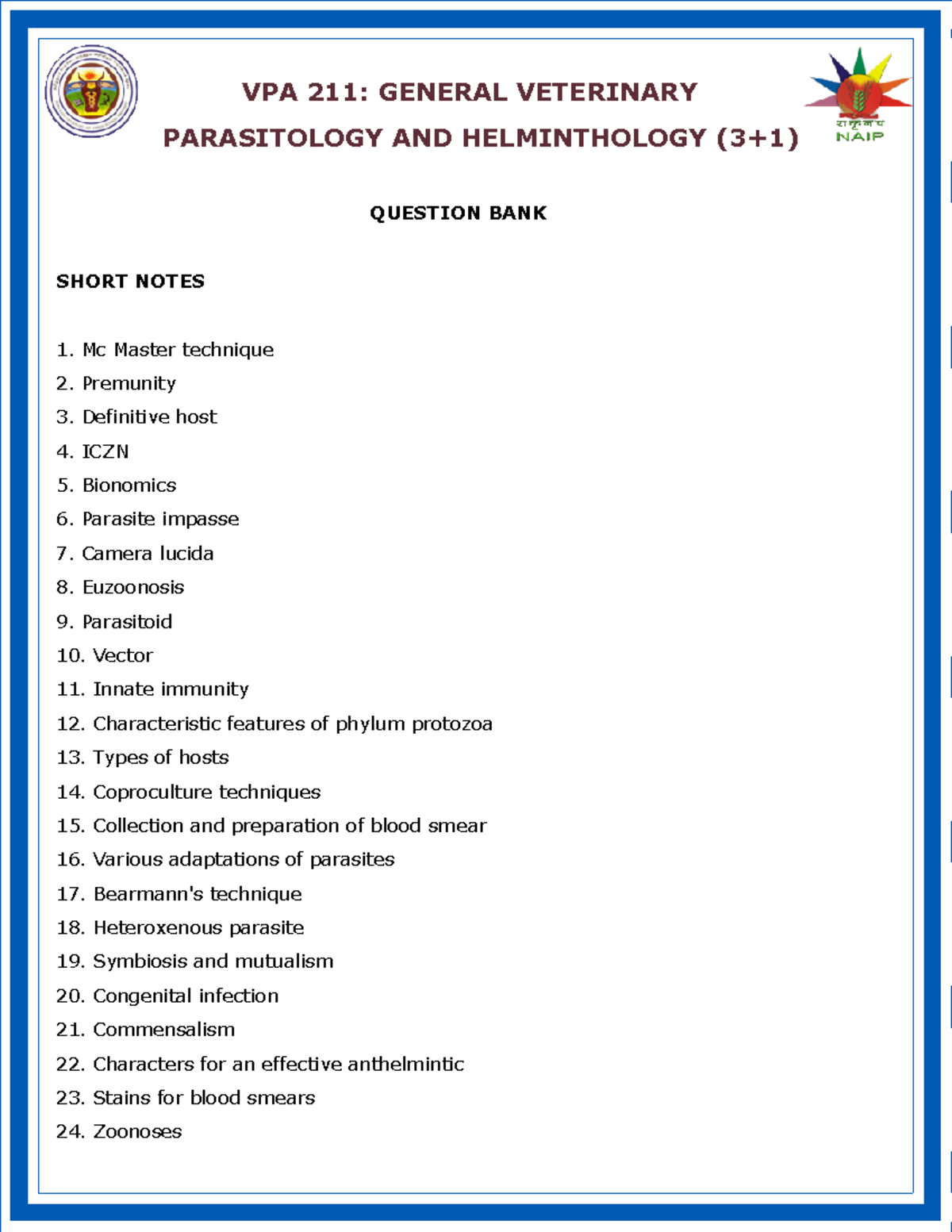 VPA 211Question bank Veterinary Parasitology Practice Questions