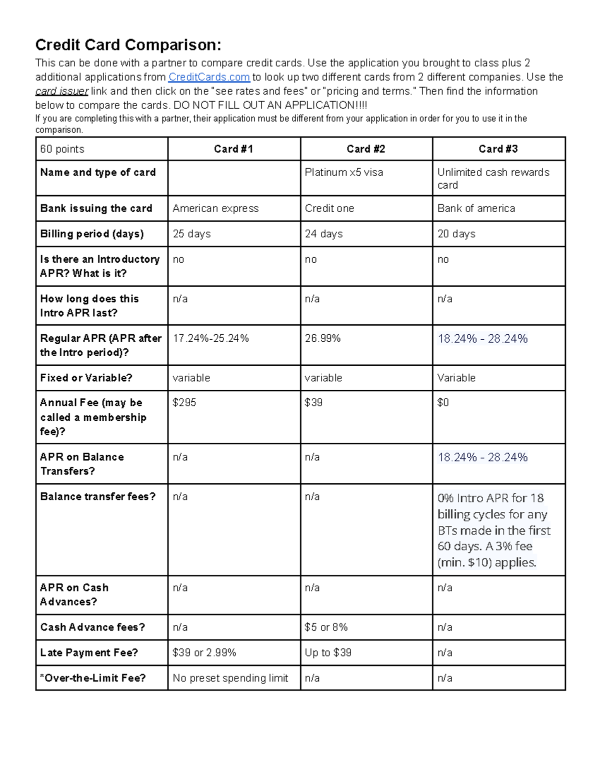 comparing credit cards worksheet