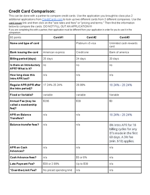 Credit Card Comparison worksheet - Credit Card Comparison: This can be done  with a partner to - Studocu