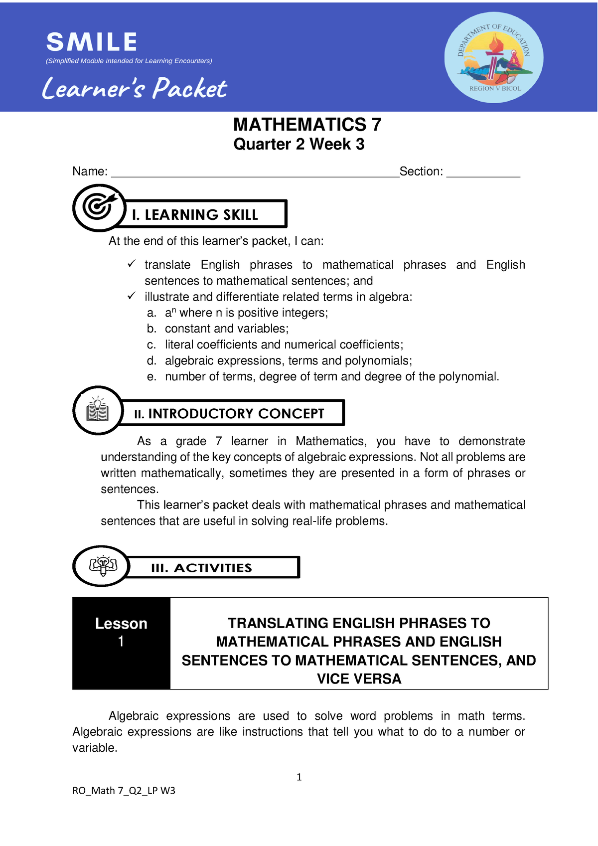 Math 7 Q2 LAS W3 - Kjbkhb - 1 II. INTRODUCTORY CONCEPT L I. LEARNING ...