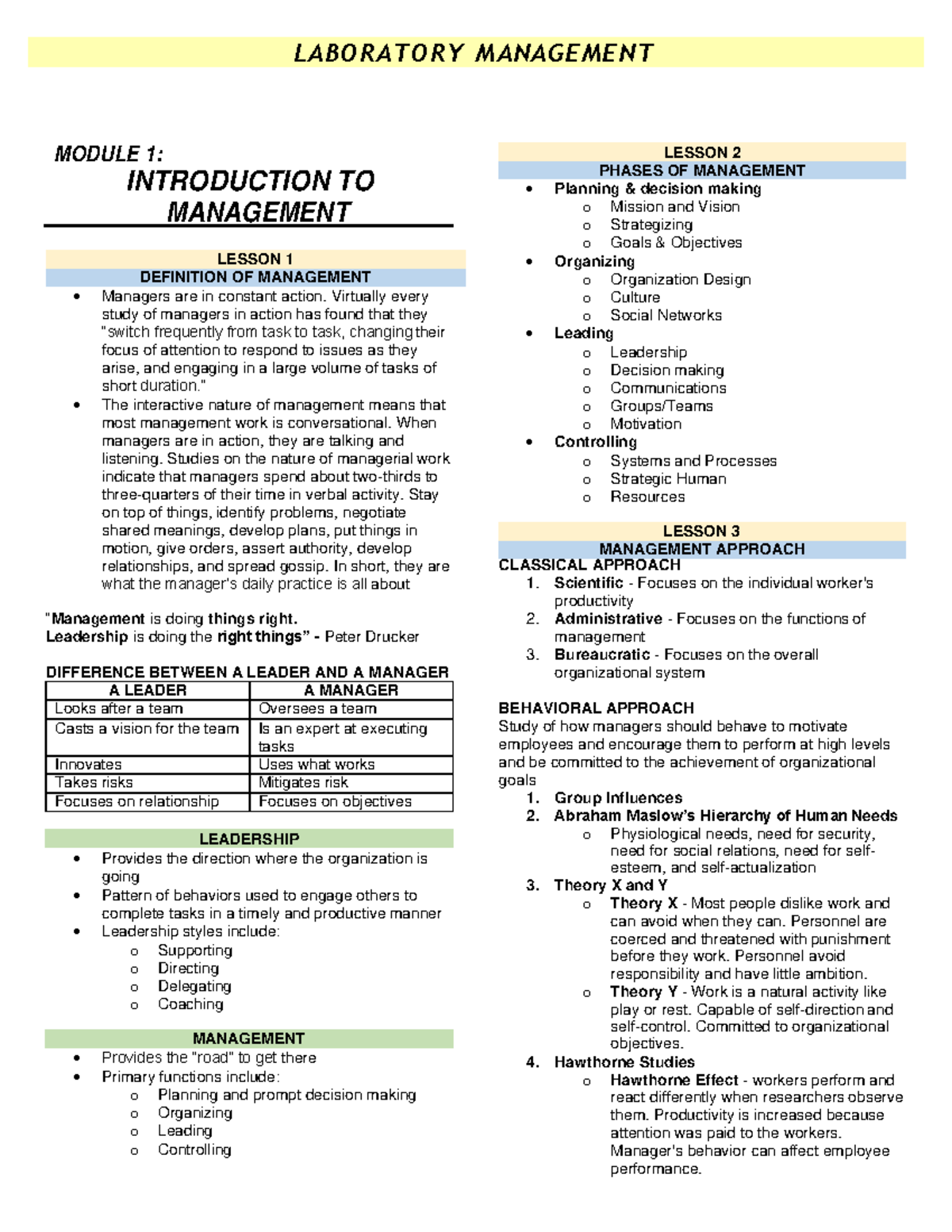 Laboratory Management MANAGEMENT APPROACH LESSON 3 MODULE 1