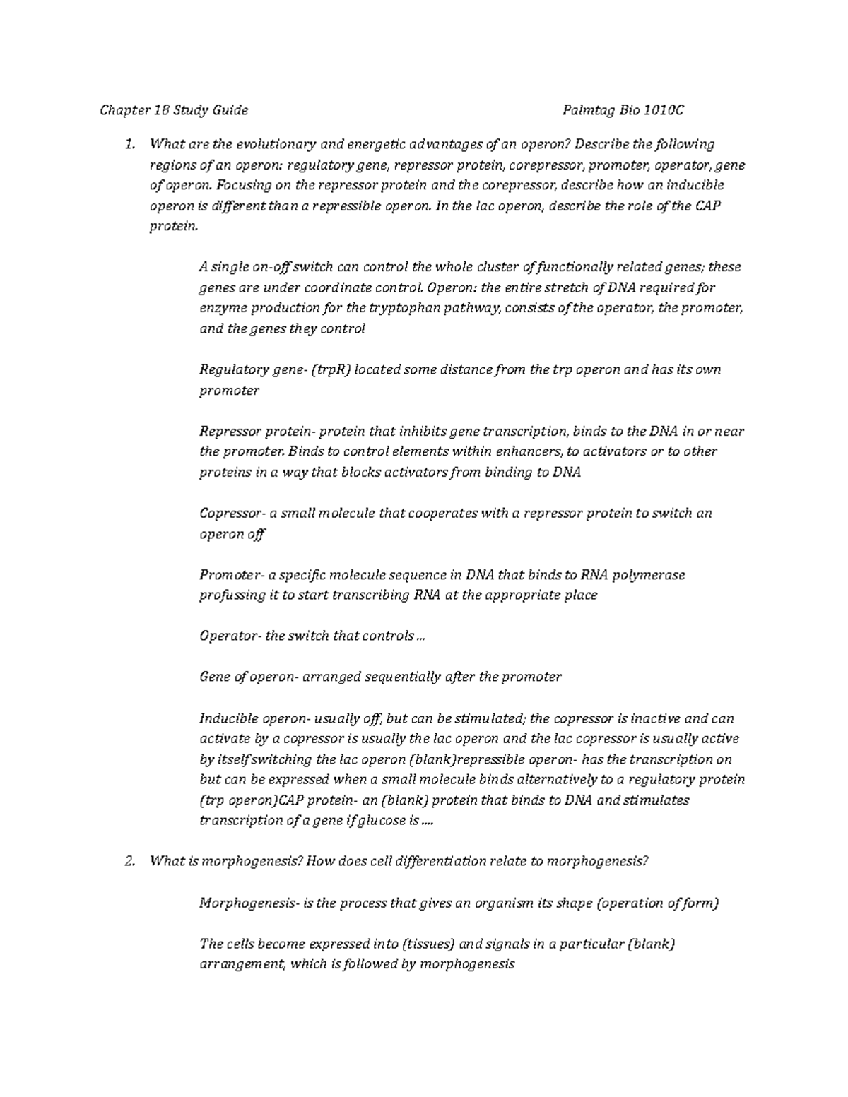 Chapter 18 study guide - Chapter 18 Study Guide Palmtag Bio 1010C 1 ...