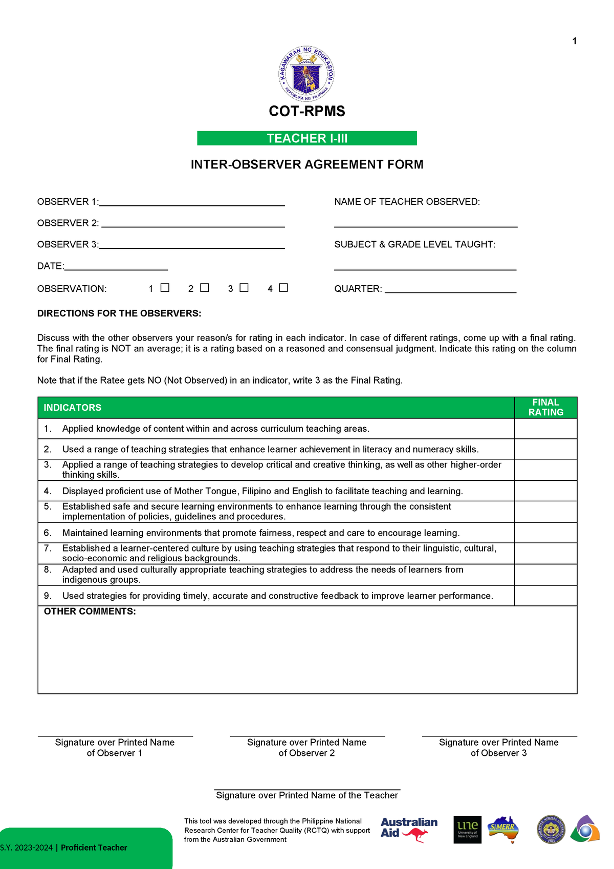 Appendix C 10 COT RPMS Inter observer Agreement Form for T I III for SY ...