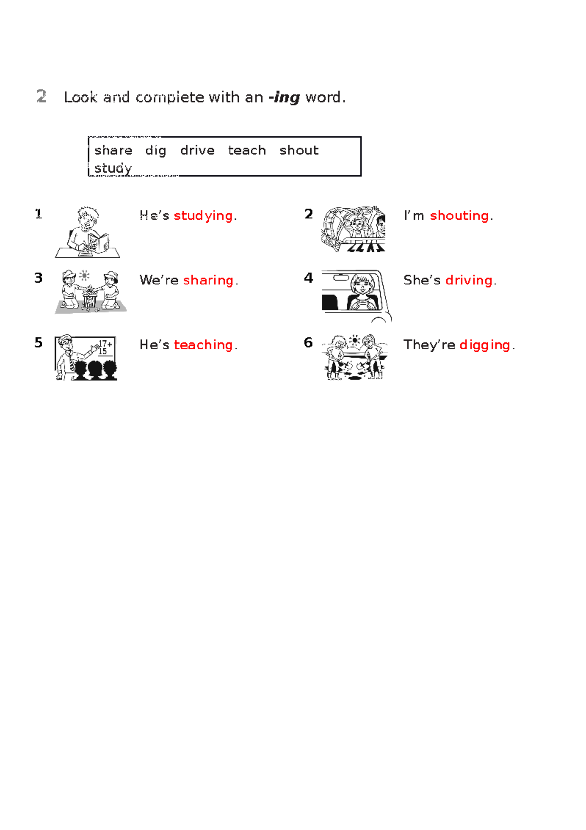Ingles 1 - tp 1 - 2 Look and complete with an -ing word. share dig ...