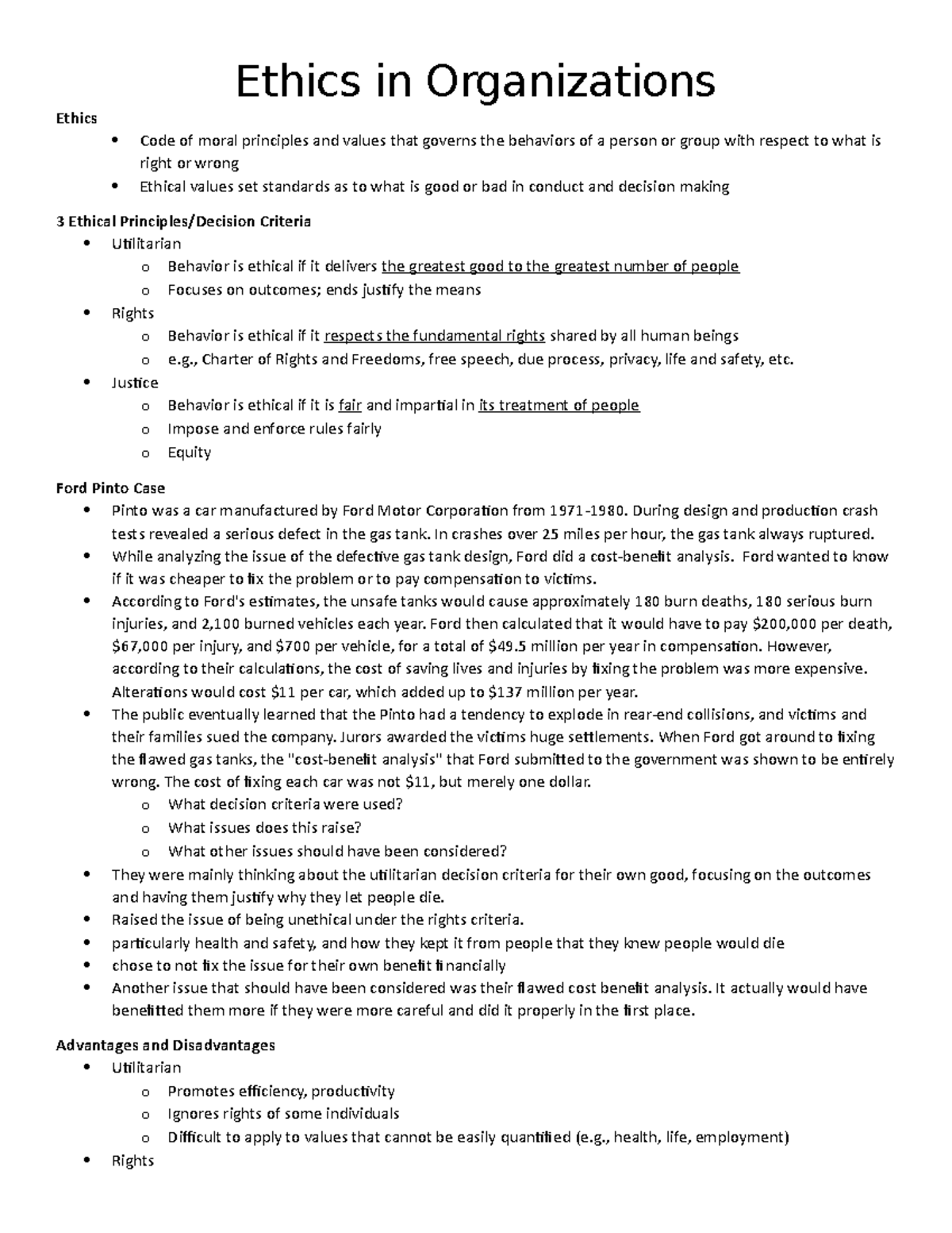 BU288 Lecture Notes Final - Ethics in Organizations Ethics Code of ...