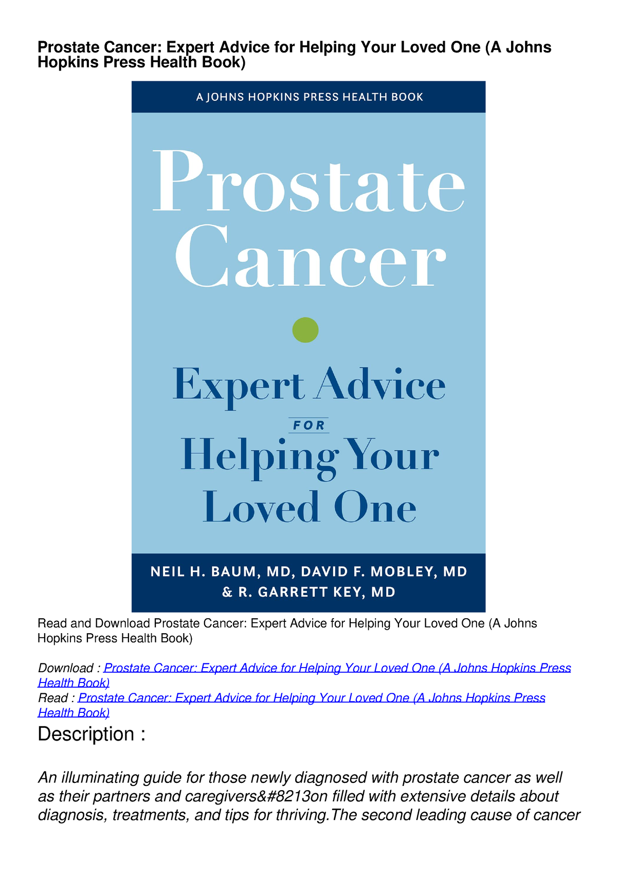 Read Pdf Prostate Cancer Expert Advice For Helping Your Loved One A Johns Hopkins Press 1502