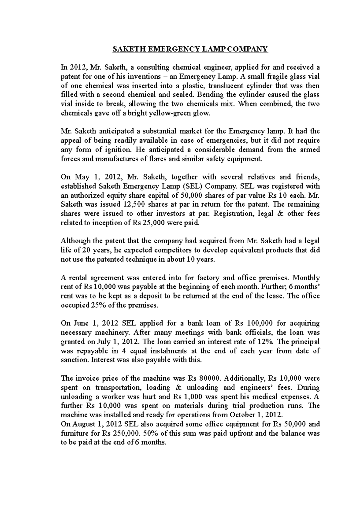 Additional Case Saketh - SAKETH EMERGENCY LAMP COMPANY In 2012, Mr ...