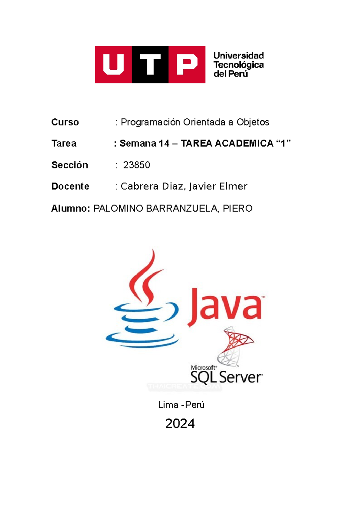Tarea Academica 1 POO - Curso : Programación Orientada a Objetos Tarea ...