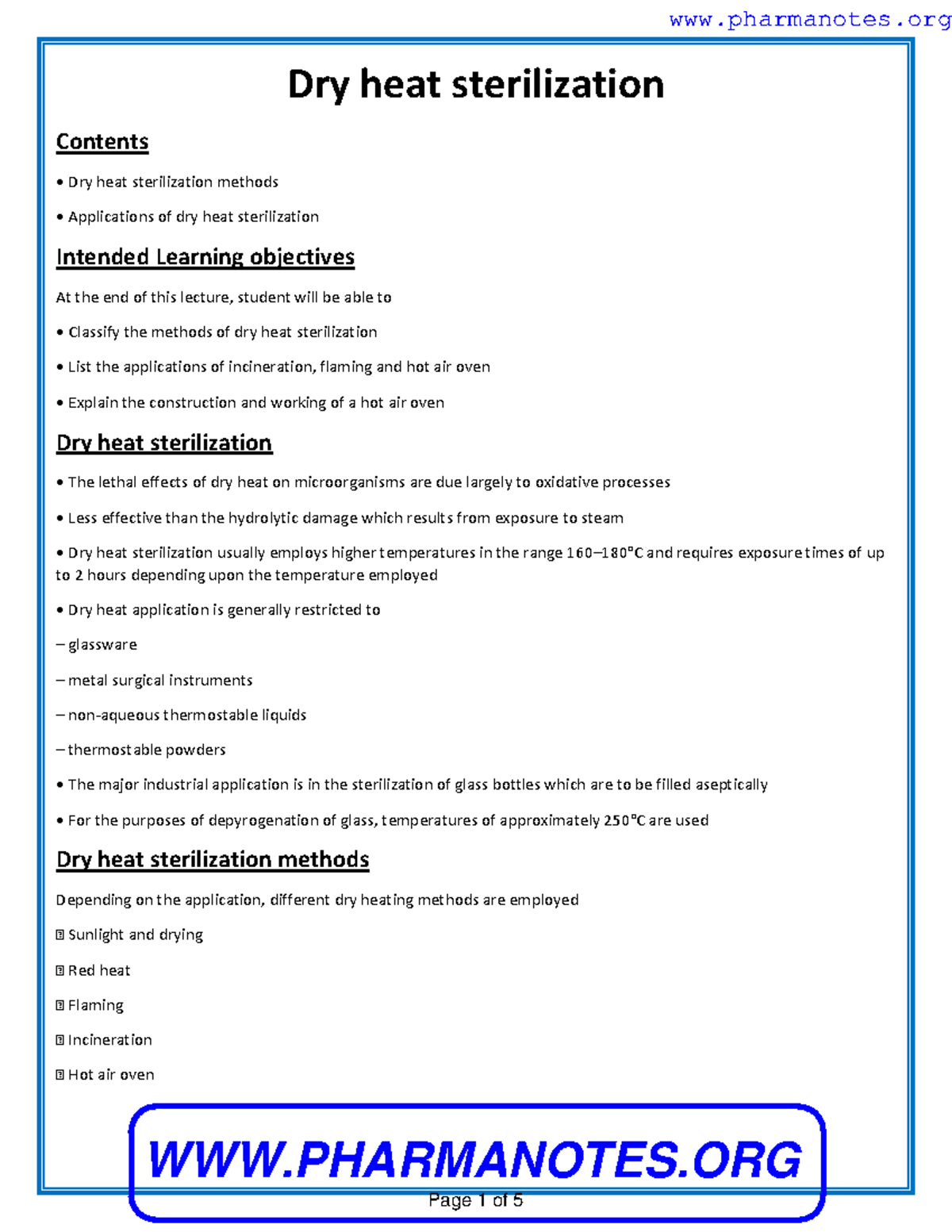Dry Heat Sterilization Dry heat sterilization Contents Dry heat