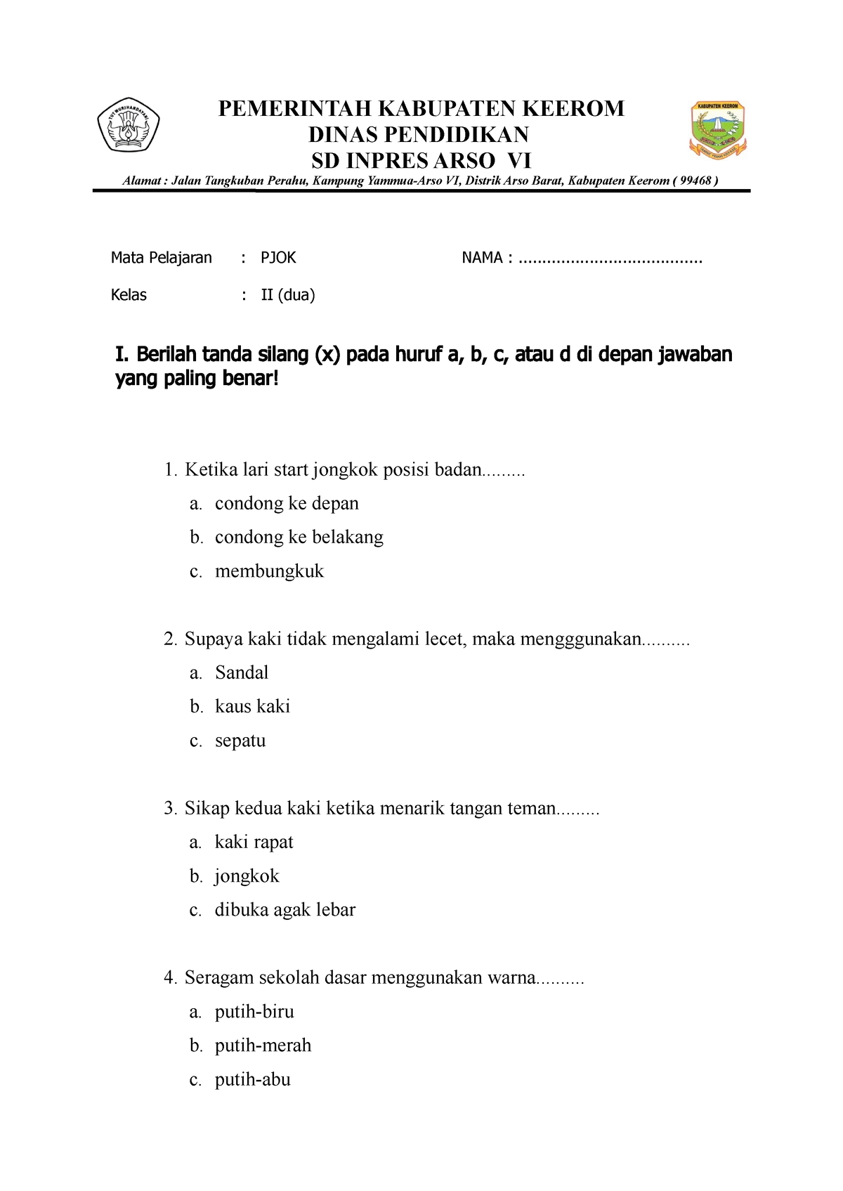 403964002 SOAL PJOK Kelas 2 Semester II Docx - PEMERINTAH KABUPATEN ...