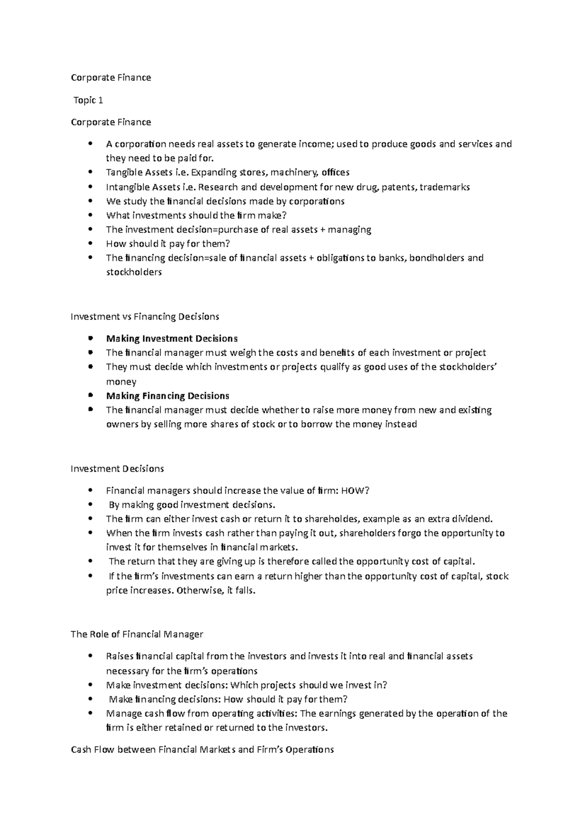CF Topic 1 - Lecture notes 1 - Corporate Finance Topic 1 Corporate ...